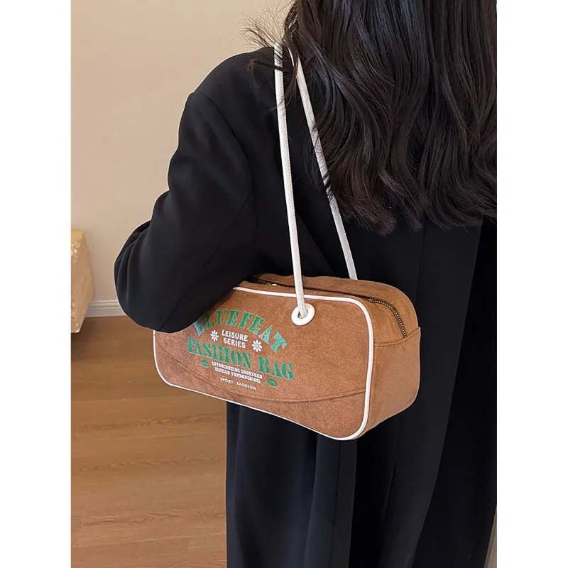 Retro Faux Suede Underarm Bag Lady Autumn Winter 2023 New Fashion Letter Printed Handbag Shoulder Bag Large Capacity Square Pack