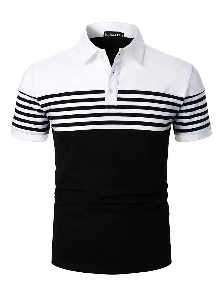 2024 Summer Men\'s Striped Short sleeved POLO Shirt Slim Fit Flip Collar Simple and Fashionable