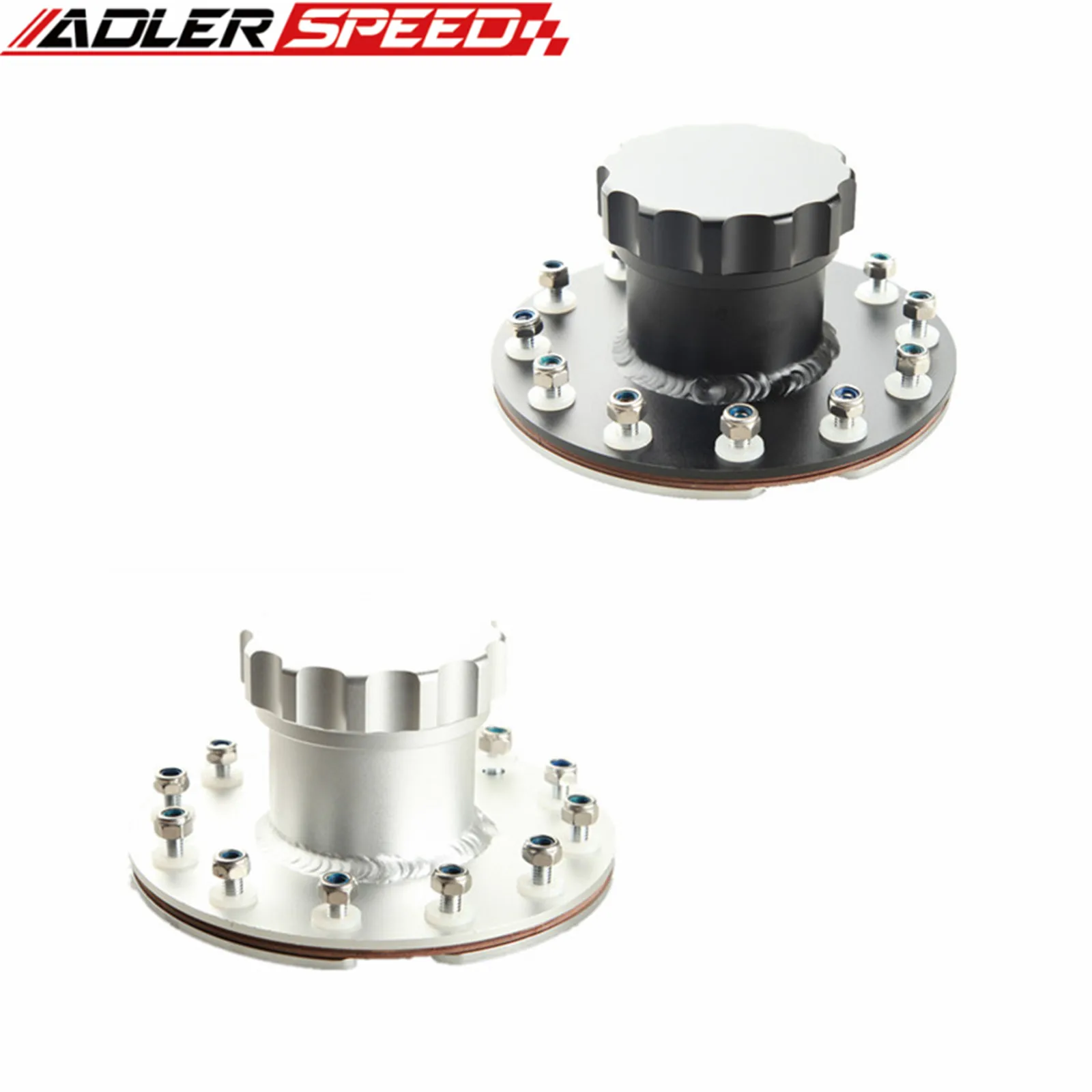 

Fuel Cell Fast Fill Filler Neck And Cap 12 Bolt Flange Billet Aluminum Black / Silver