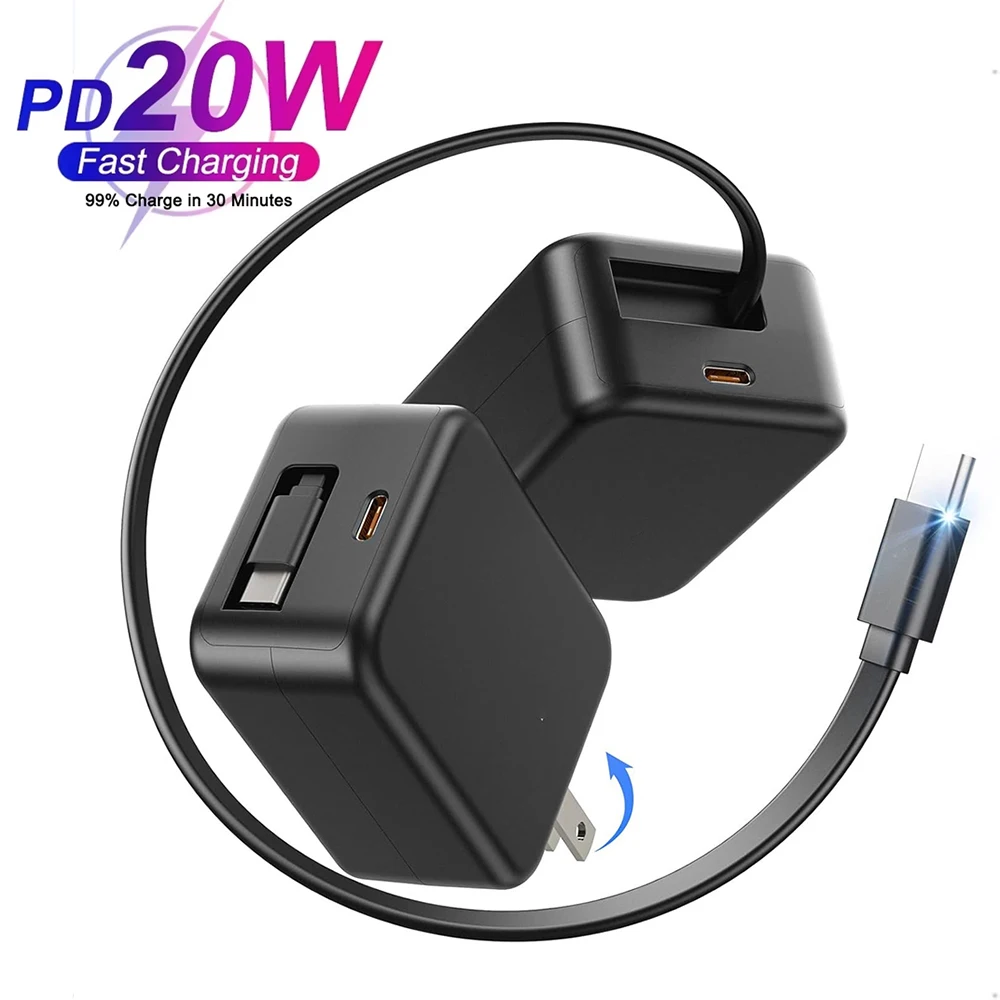 

Зарядное устройство для телефона 2 в 1, выдвижной кабель из ТПC, стандартная вилка США, 20 Вт, PD, зарядная головка, супербыстрое зарядное устройство для мобильного телефона для iPhone Samsung
