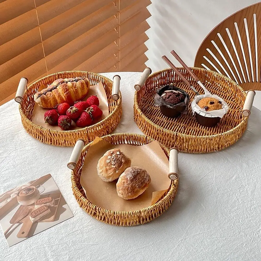 1Pcs Breakfast Bread Food Handwoven Rattan Basket Fruit Vegetable Cake Wicker Round Shape Storage Tray With Handle Food Plate