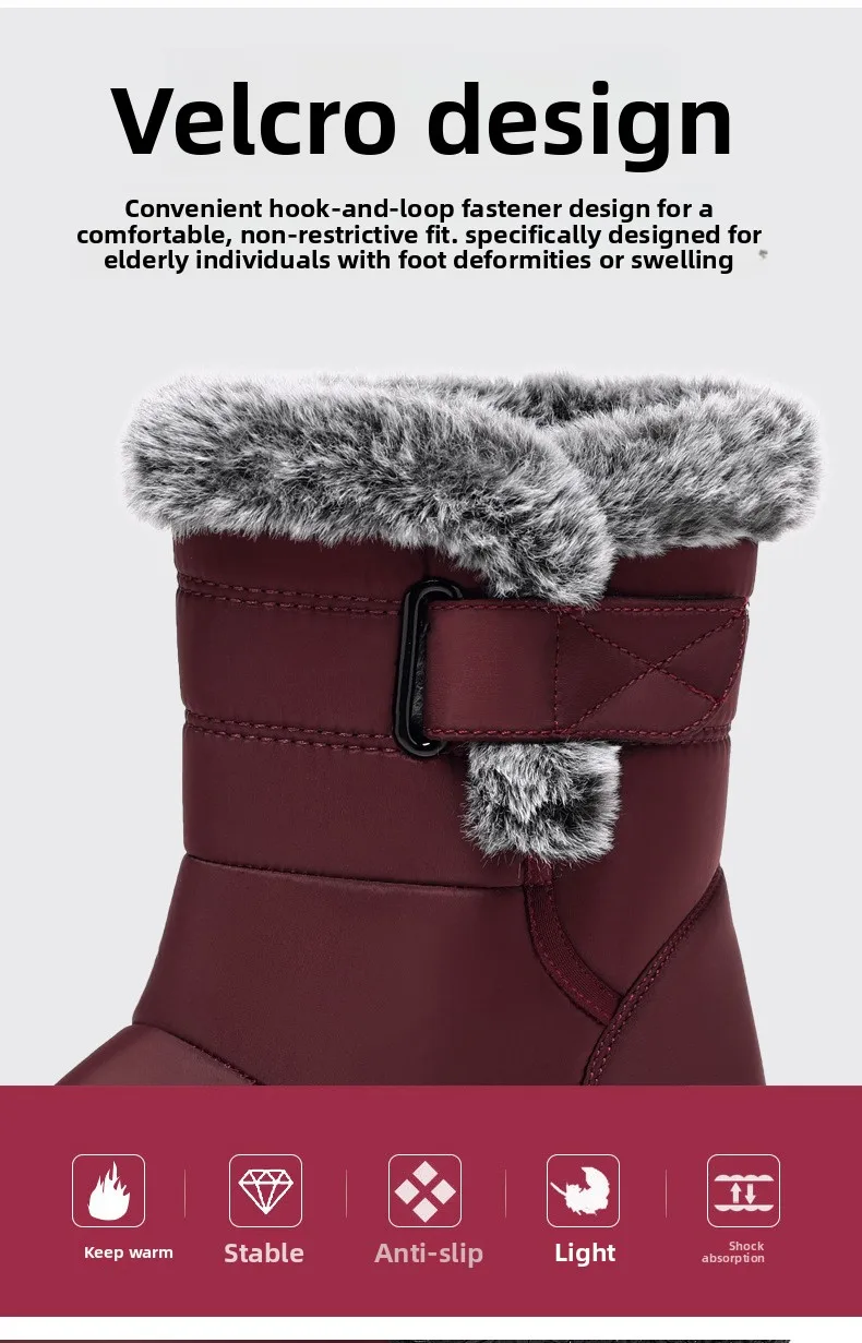 Damen-Schneestiefel bis zur Mitte der Wade, warm, mit Plüschfleece gefüttert, mit Klettverschluss, Pompon-Dekor, rutschfeste dicke Sohle, Winter-Freizeitschuhe für kaltes Wetter. – Detail 11