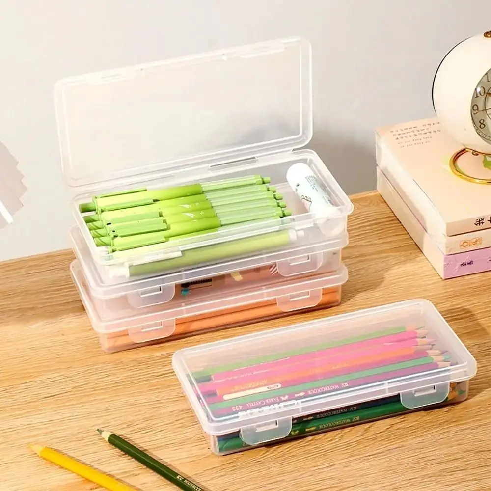 Large Capacity Buckled Pencil Case Plastic Stackable Desktop Storage Box Simple Transparent Stationery Box Sundries