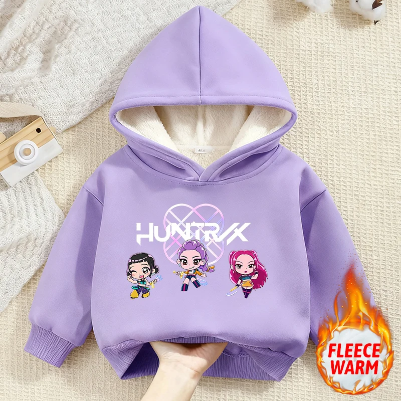 شيطان هنتر فتاة طفل الوردي مقنعين الشارع الشهير قميص سميكة مبطن بالصوف لطيف أنيمي طباعة Kawaii شتاء دافئ الكشمير الملابس