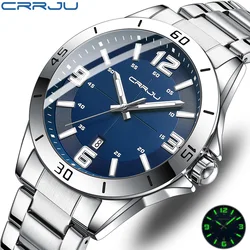 CRRJU – montres de luxe pour hommes d'affaires, en acier inoxydable, à Quartz, Date automatique, horloge avec aiguilles lumineuses