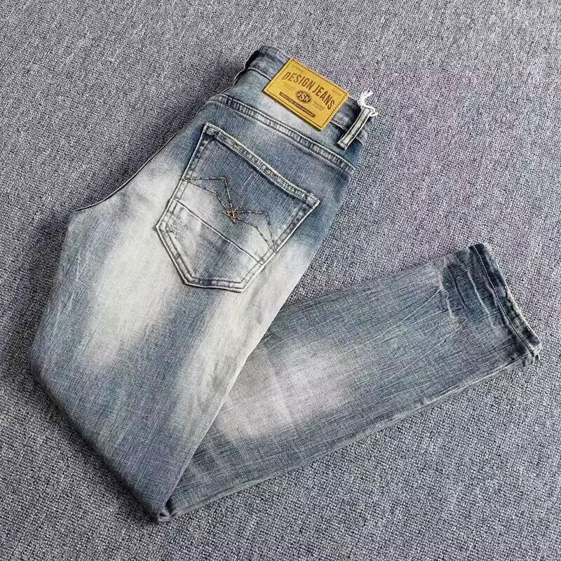 Newly Designer Fashion Men Jeans High Quality Retro Blue Stretch Elastic Slim Fit Ripped Jeans Men Vintage Denim Pants Hombre