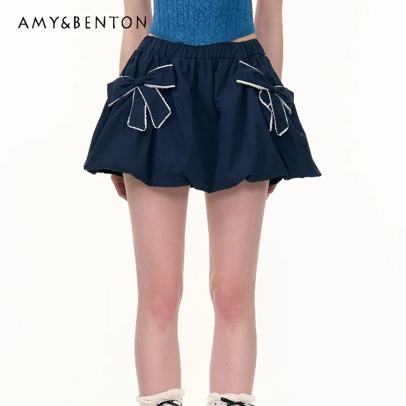 

American Retro Design High Waist Slimming Bow Women's Short Skirt Autumn New Sweet Cute Elastic Waist A-line Puff Skirts Ladies