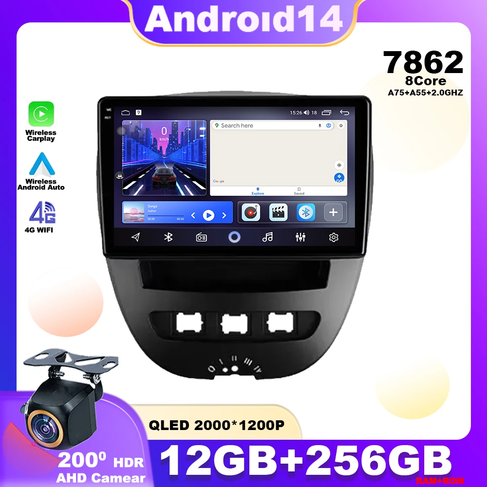 Android 14 For Peugeot 107 Toyota Aygo Citroen C1 2005 - 2014 QLED Screen Carplay Car Radio Multimedia Player Navigation GPS 4G