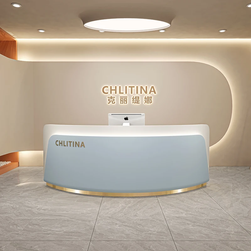 مكتب استقبال للتخزين العميق، مكاتب استقبال كلاسيكية مقوسة للفنادق، أثاث استقبال Mostrador الحديث باللون الأبيض #3