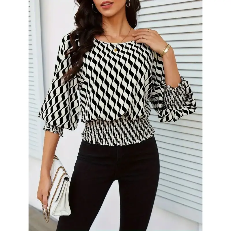 

Lantern Sleeve Comfortable Casual Style Polyester Fabric round Neck Pullover ShirtLoose Long Sleeve Women's Printed Top