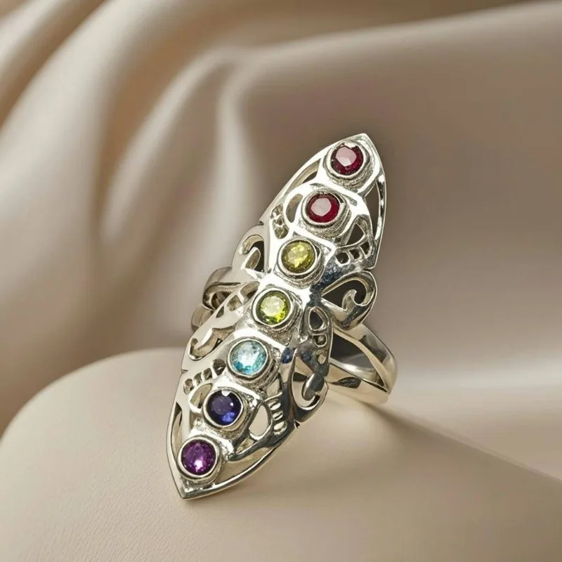 New Fashionable Retro Gorgeous Elf Colorful Zircon Ring Banquet Dress Vacation Personalized Atmospheric Accessories