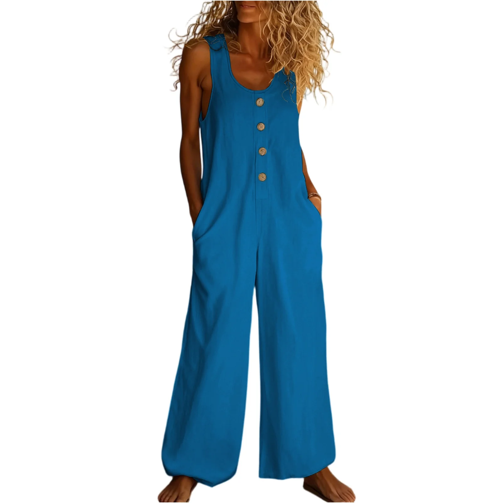 민소매 루즈핏 포켓 오버올 여성용 롱 솔리드 컬러 점프수트 아웃도어 캐주얼 점프수트 여성용 오버올