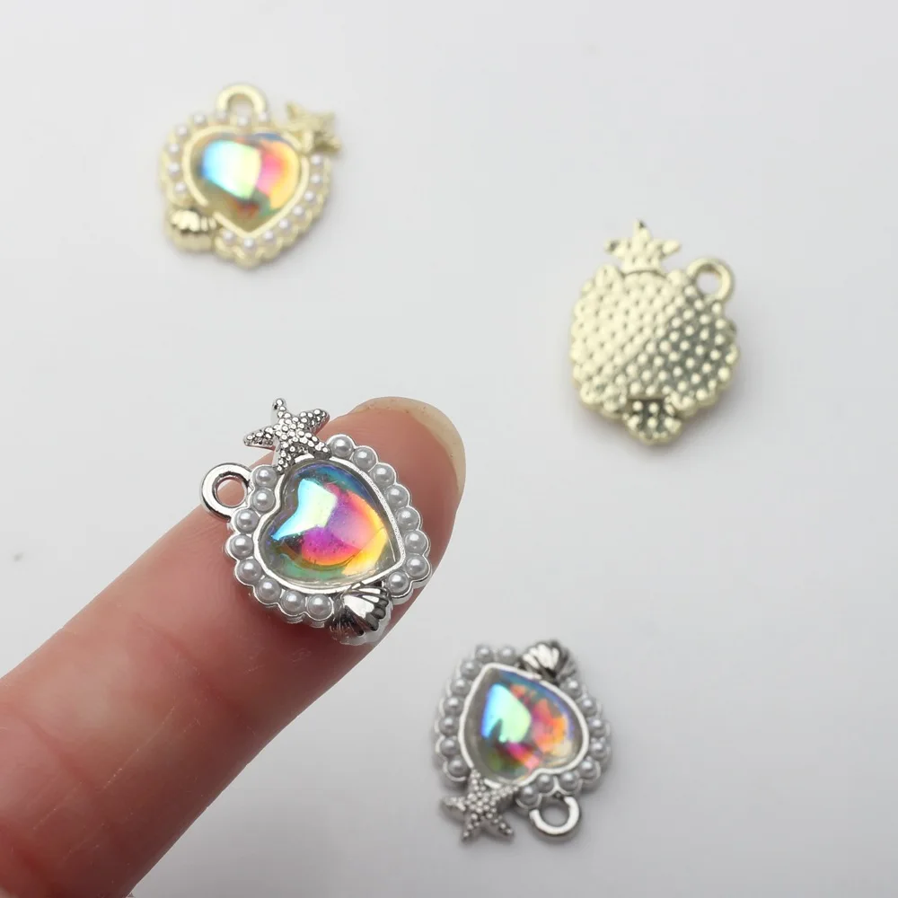 Pearl-Embedded Zinc Alloy Charms in Resin Heart Shapes for DIY Jewelry 10pcs/lot