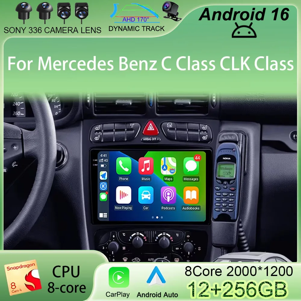Android 16 Wireless Carplay Android Auto Car Radio For Mercedes Benz C Class CLK Class W203 W209 S203 A209 autoradio 4G WIFI DSP
