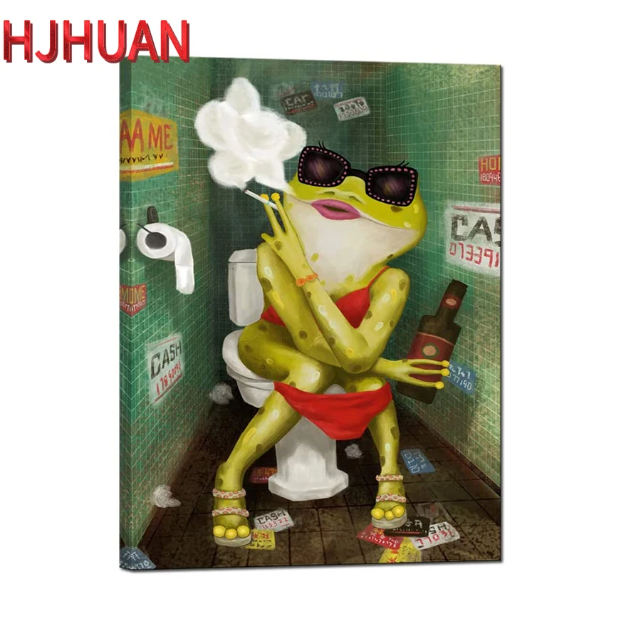 Fun bathroom wall art abstract frog smoking and drinking water on the toilet full square round diamond painting home decoration