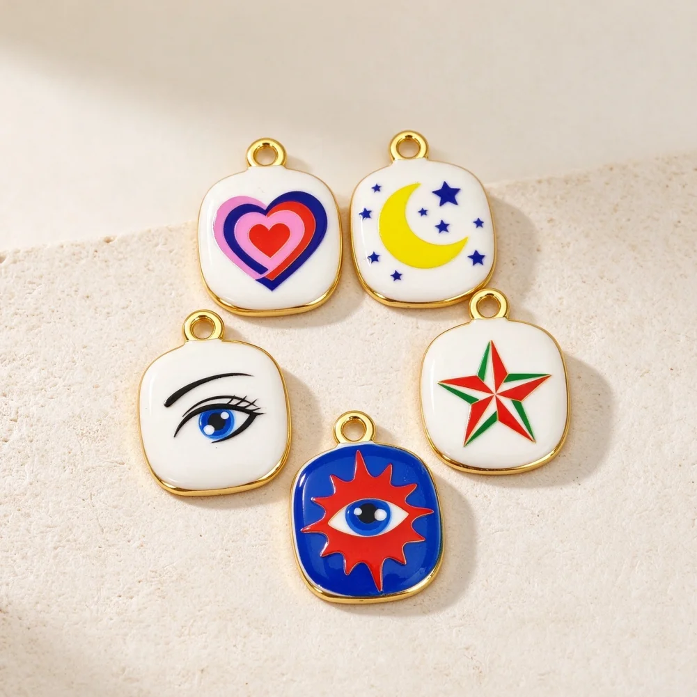 4 Pcs Pendants Gold Plated Enamel Square Charms Eye Heart Moon Star Pattern for DIY Jewelry Necklace Bracelet Making Accessories