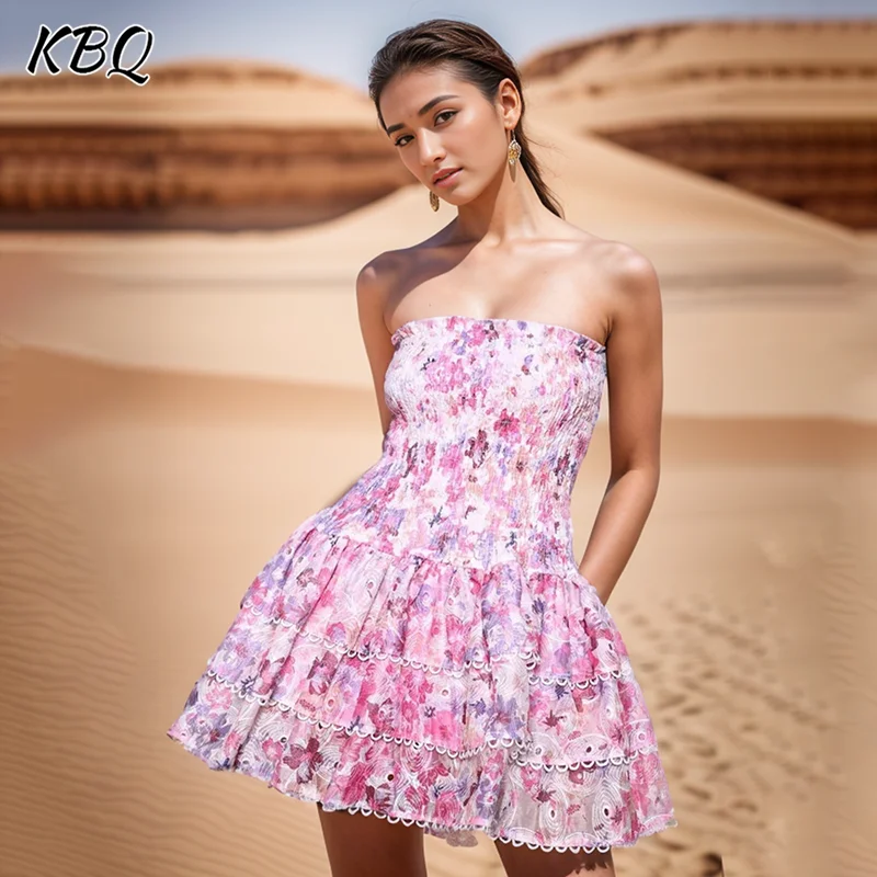 

KBQ Hit Color Printing Slimming Mini Dresses For Women Strapless Sleeveless Backless High Waist Sexy Dress Female Fashion New