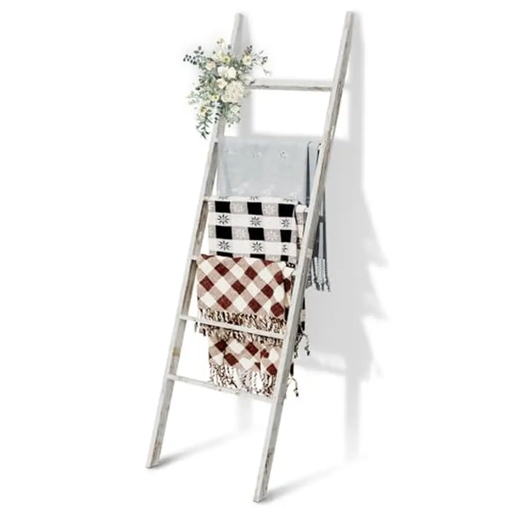 

6-Tier Rustic Wooden Blanket Towel Holder Ladder Rack Decor Farmhouse Quilt Scarf Hanger Stand Easy Assembly Multipurpose Shelf