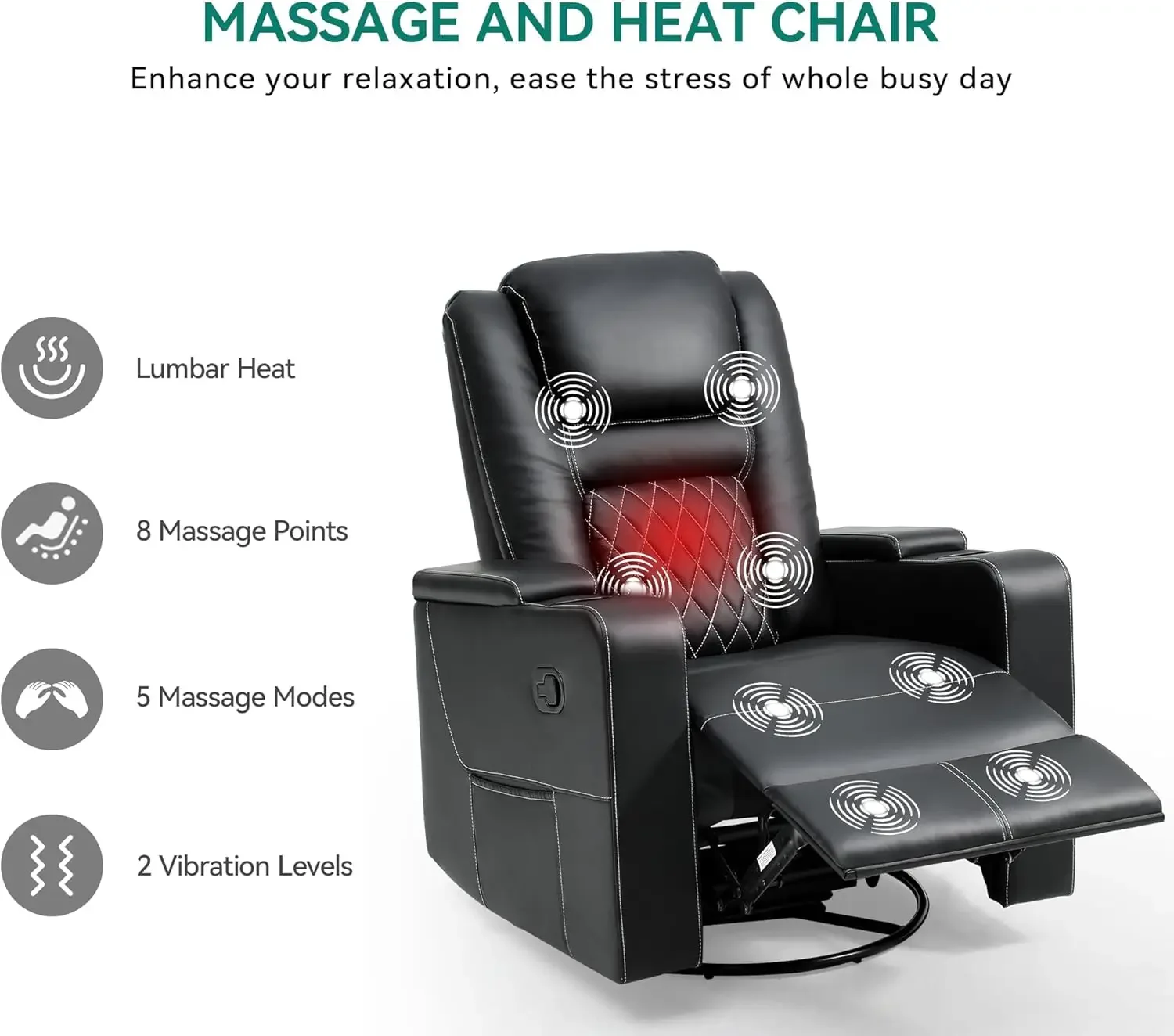 Rocking Recliner with Massage and Heat, Hidden Arm Storage, Faux Leather Rocker Recliner Chairs with Cup Holders, Comfy Home The