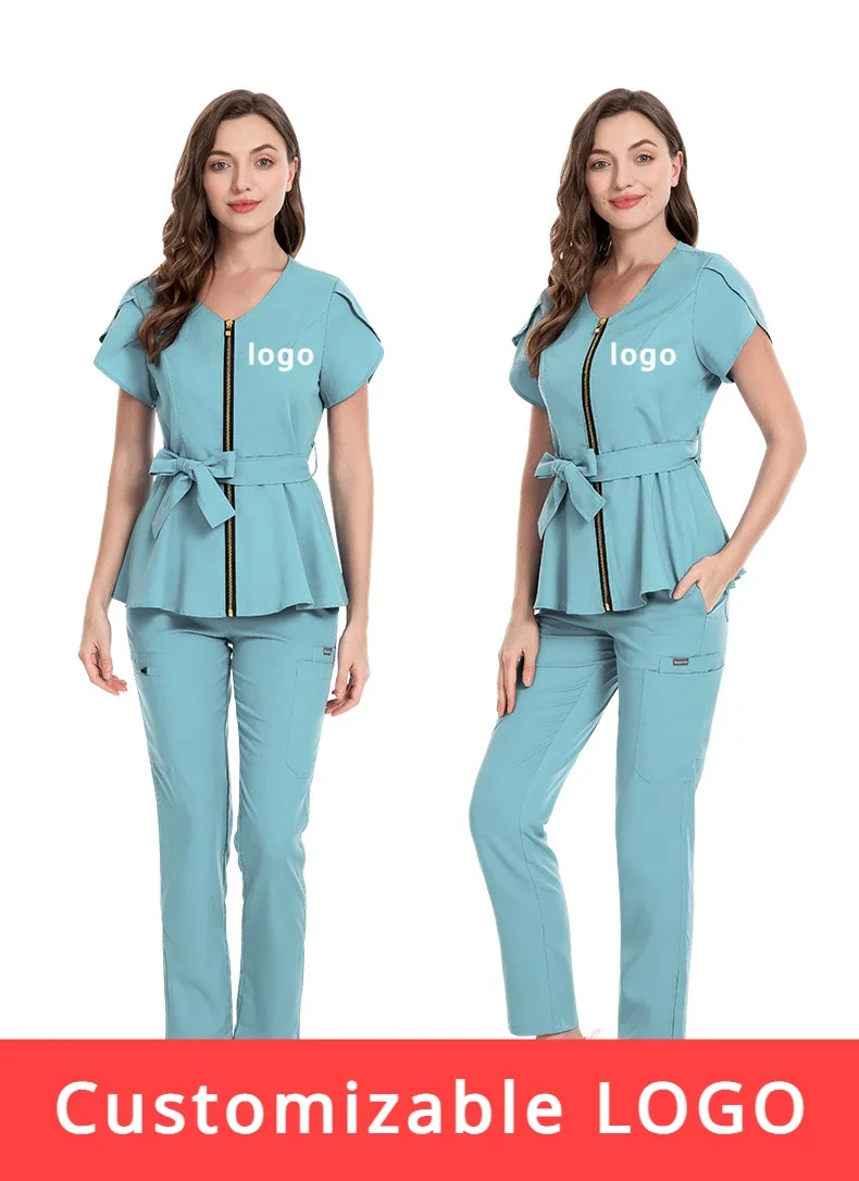 Customizable LOGO Women Scrubs set zipper collar beauty clothes wrinkle medical uniforms soft comfortable fashion nurse workwear