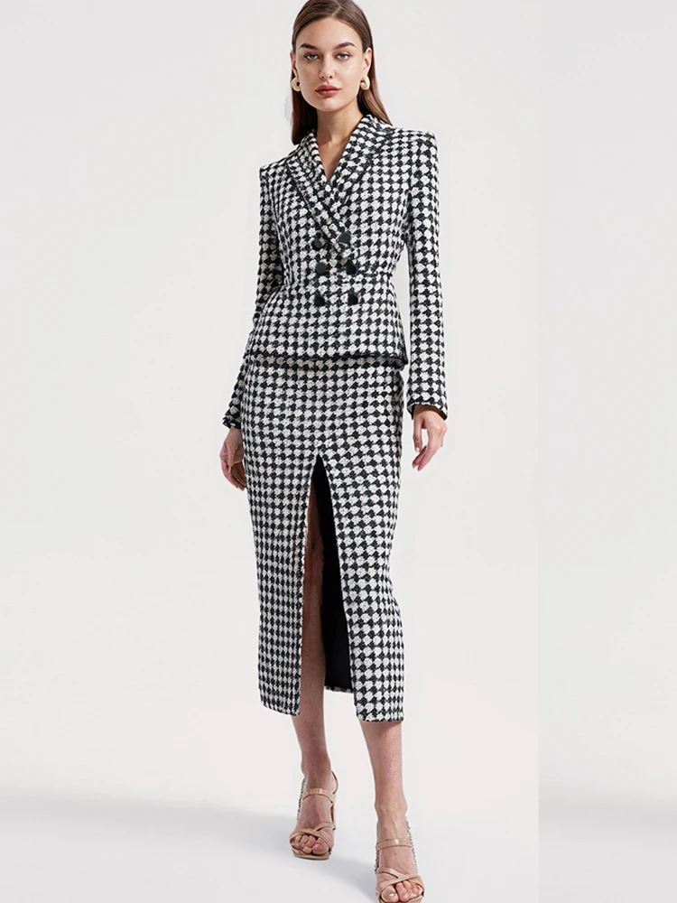 Houndstooth Jacket Skirt Sets 2024 New Classy Jacket Split Long Skirt Two Piece Suit Festival Outfits Jacket Coat Skirt Women