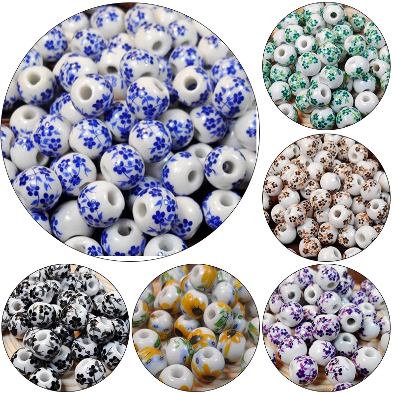 50Pcs Round Ceramic Spacer Beads 10mm Large Hole Handmade Porcelain Loose Bead Diy Jewelry Bracelets Necklace Charm Supplies