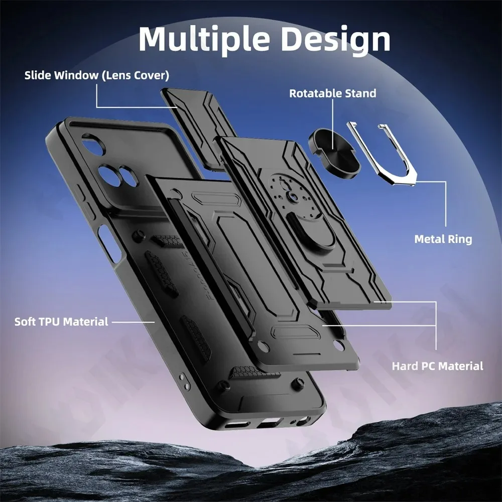 Etui na Motorola Moto Edge 60 50 Fusion Pro Neo G86 G56 G35 G15 z uchwytem na karty, wysuwaną osłoną aparatu, pierścieniem, podstawką, pancerne etui z podpórką.