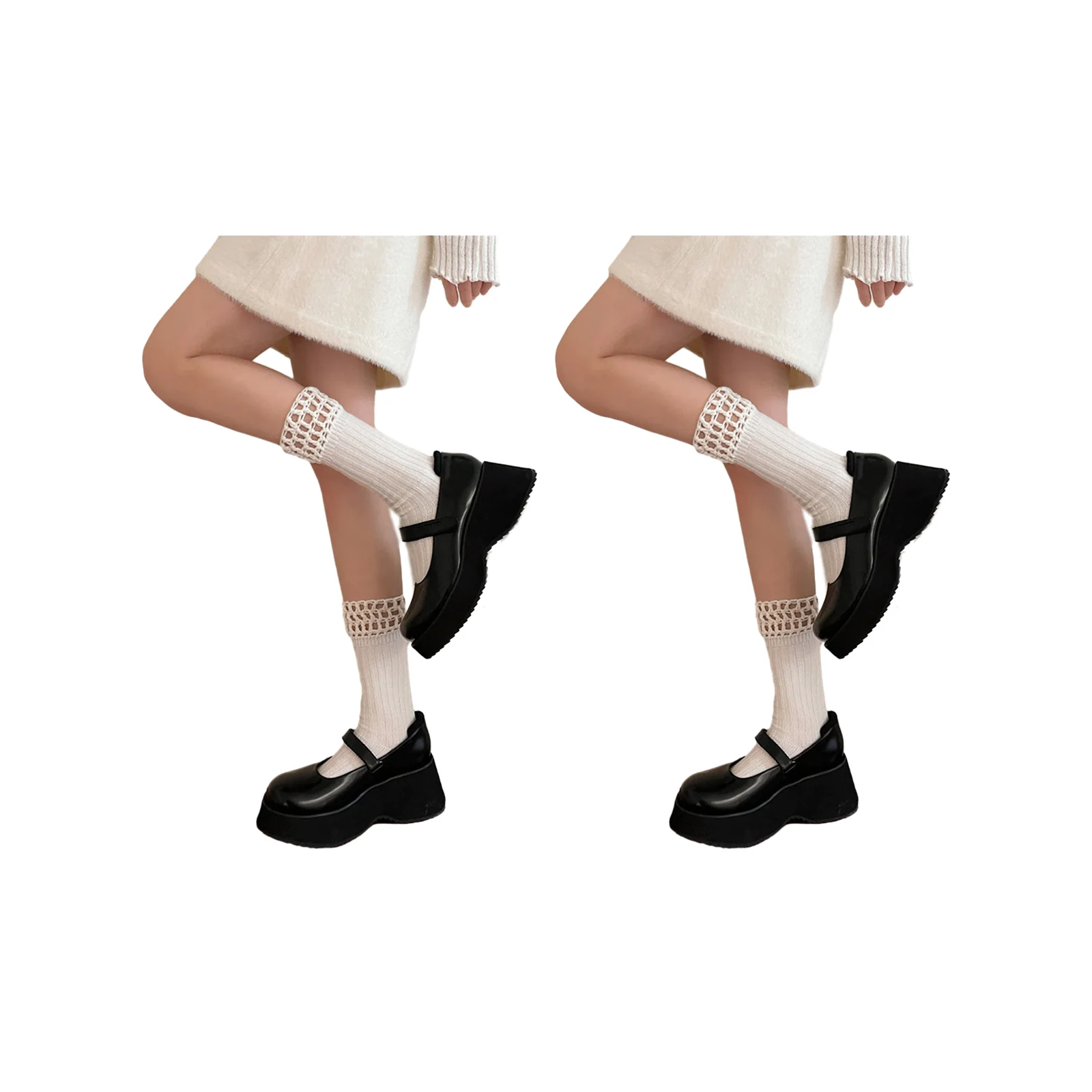 Wool knitted patchwork socks set (1 pair each of white + black)