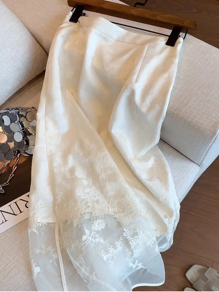 تنورة Sle f الصينية الجديدة معي الربط التخسيس تصميم الصيف المرأة عالية الخصر ألف خط تنورة تنفس الدانتيل