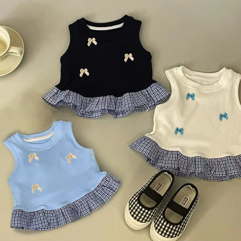 

2025 Children's Tank Top Splicing Top Summer New Blue Checkered Sweet Lace Sleeveless Bow