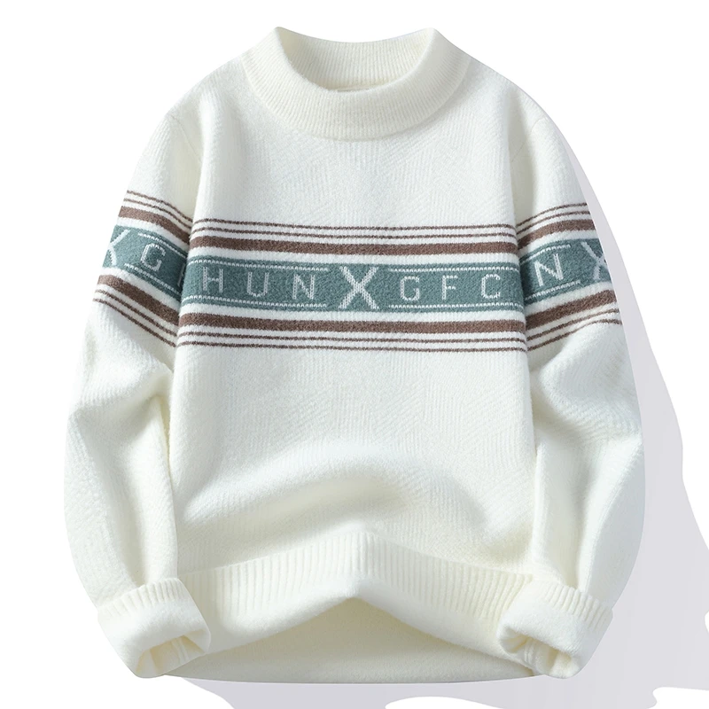 

Autumn Winter Men's Knitted Sweater Thi Warm Geometric Patchwork High-End Feeling Faionable Base Layer irt Casual Wear