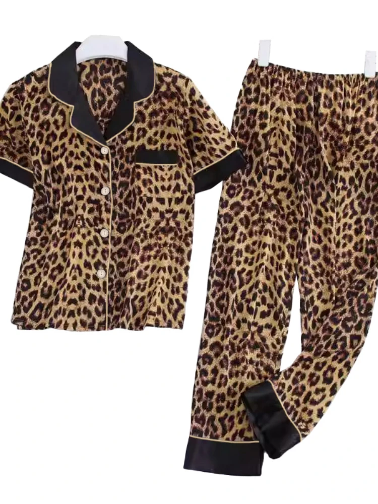 Women Sleepwear Set Rest Summer Autumn Pajama Set Turn Down Collar Faux Silk Satin Short Sleeve Leopard Female Pijama Home Wear