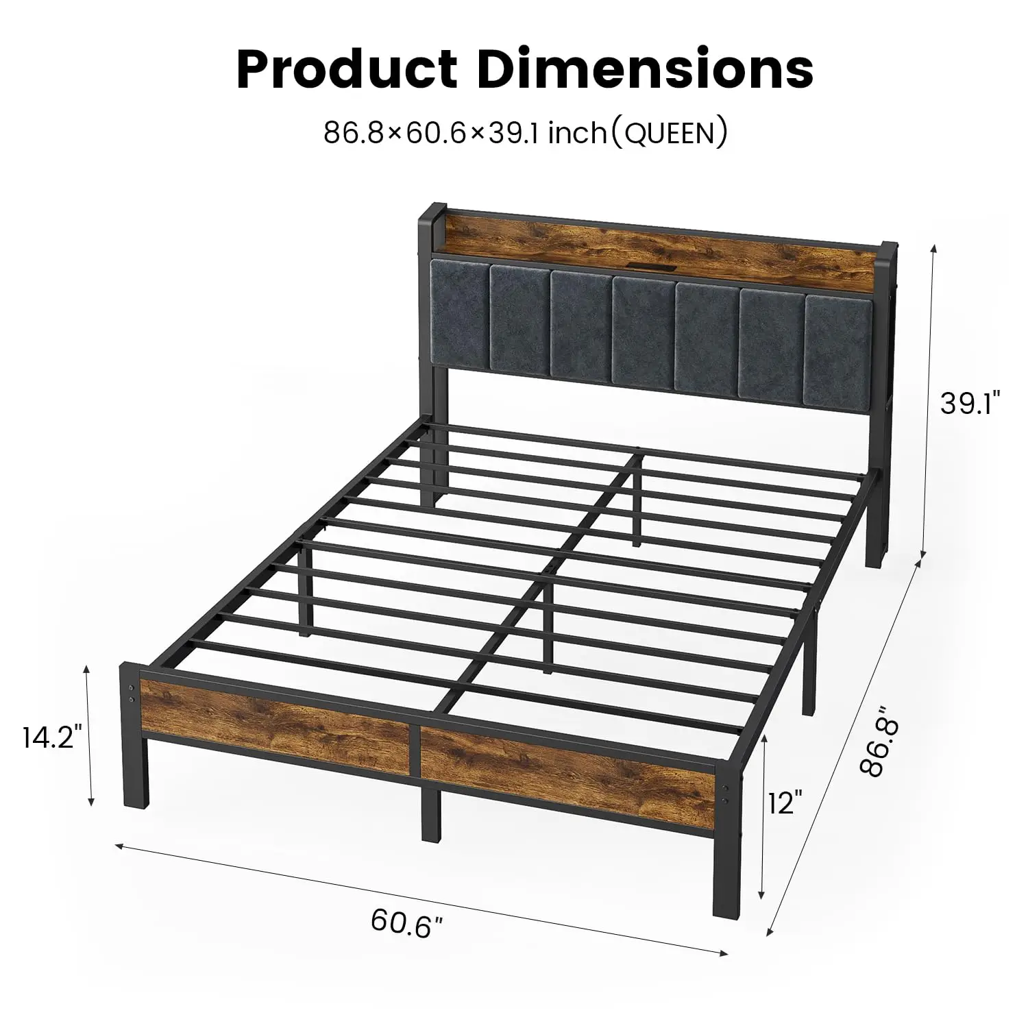 إطار سرير بحجم كوين مع أضواء LED، لوح رأسي منجد مع مساحة تخزين ومحطة شحن، منصة معدنية مع شرائح، بدون صندوق