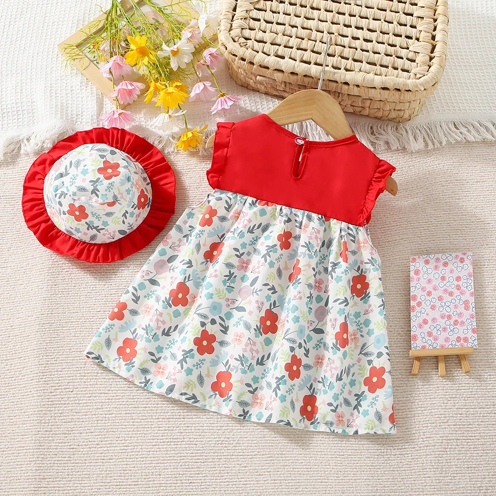 New Summer Baby Girl Floral Dress Girl Sleeveless Pure Cotton Newborn Birthday Dress Comes with Sun Hat