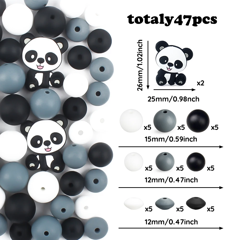 47pcs/Set Panda Silicone Beads 12 15mm Round Lentil Focal Beads Set Baby Teething Beads Teether DIY Pencils keychain Accessories