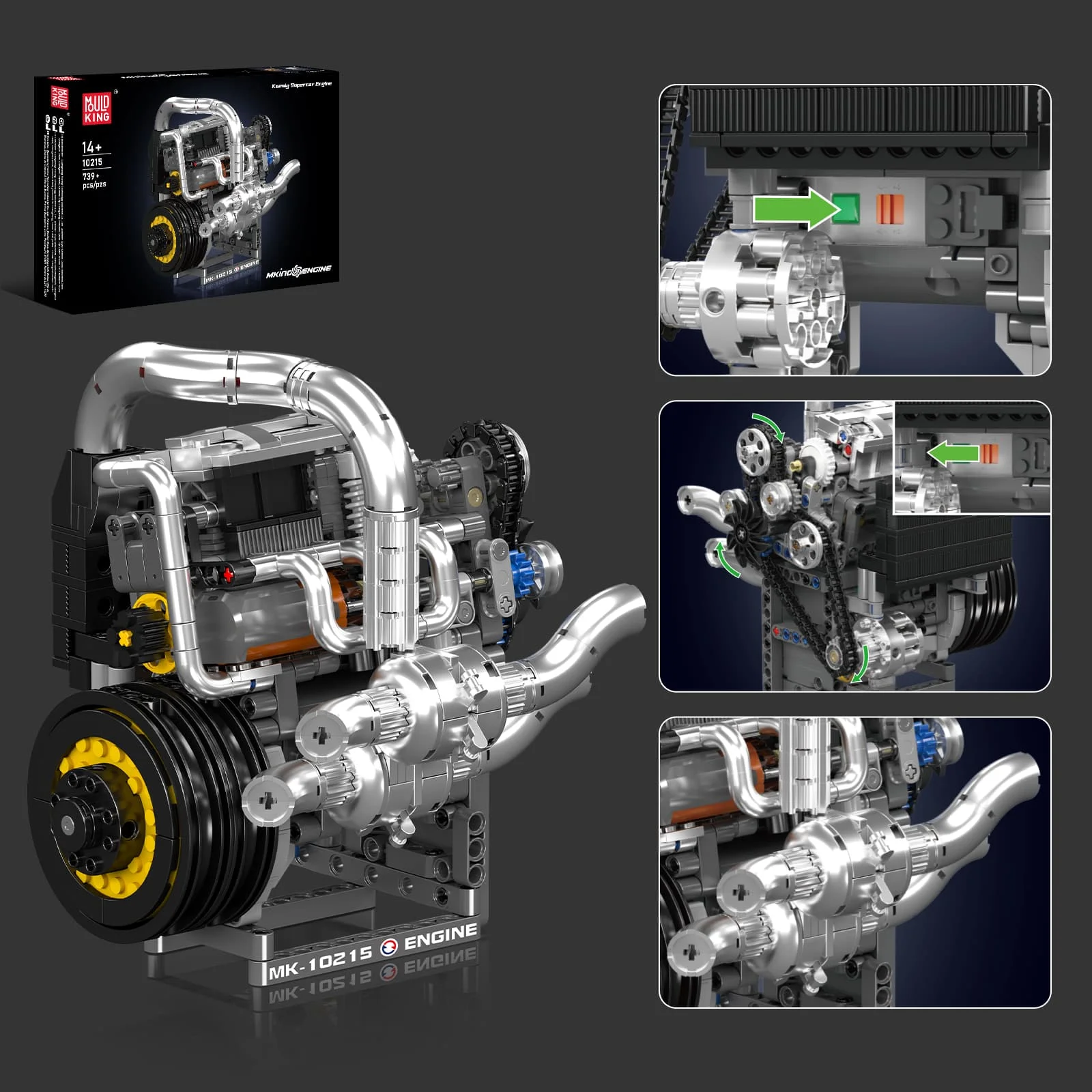 Mould King 10215 técnico NO.Koenig, piezas de accionamiento de coche, juego de juguetes de bloques de construcción de potencia de Motor para adultos y niños, regalo 739 Uds.