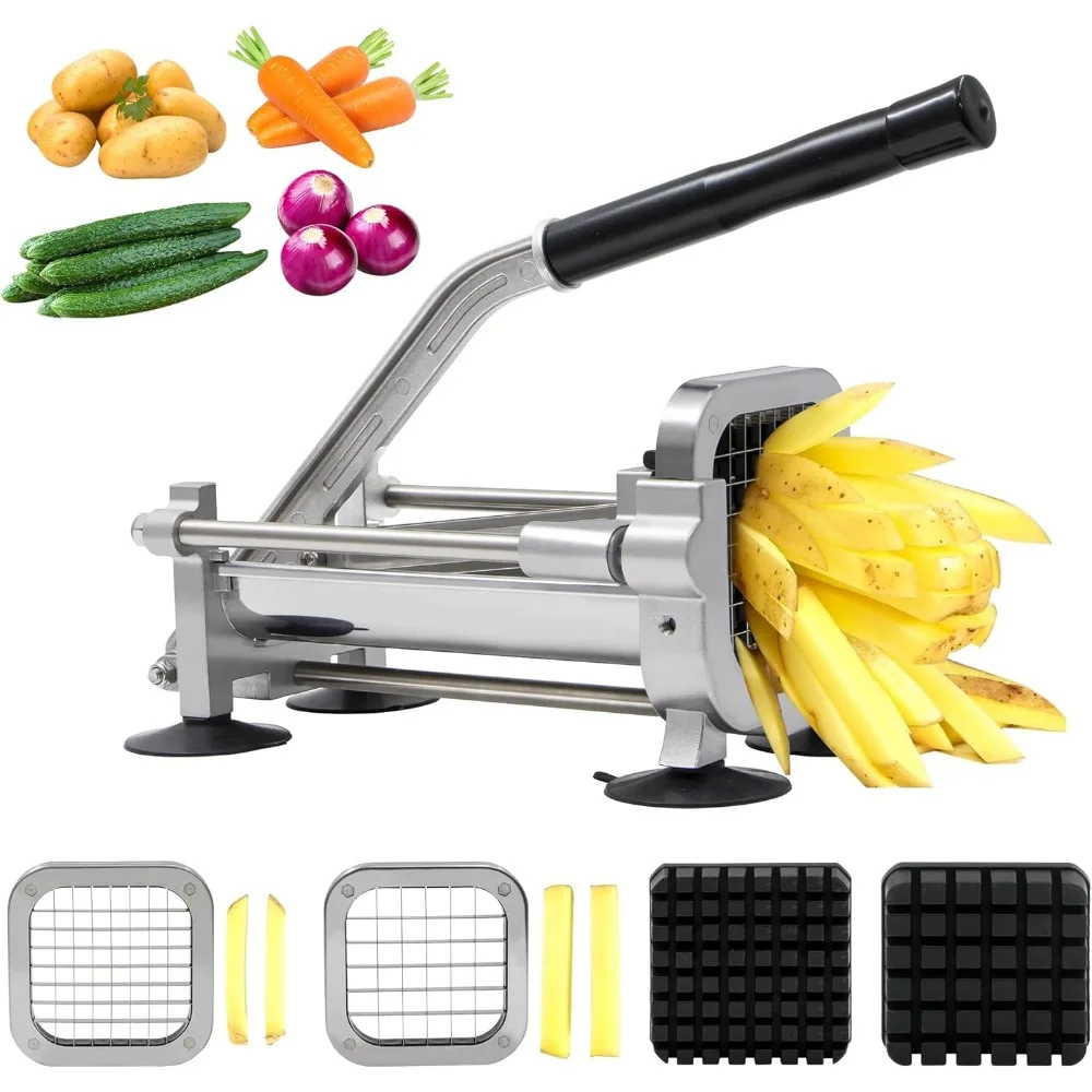 

Commercial Stainless Steel French Fry Cutter with Two Blades (1/2" & 3/8"), Ideal for Potatoes, Carrots, Cucumbers