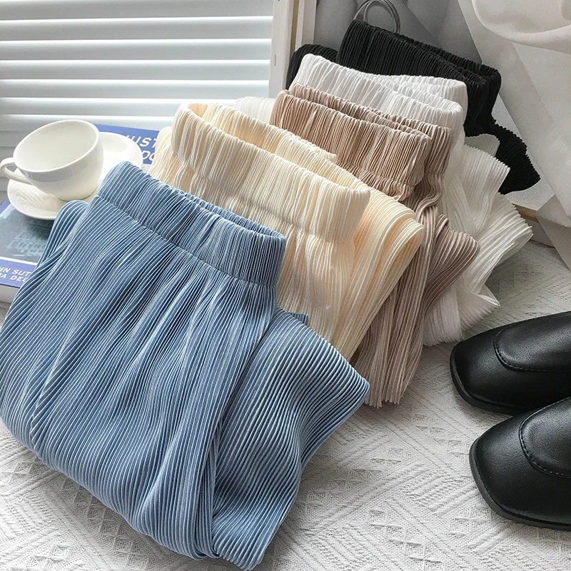 Women Wide Leg Pants High Waist Casual Chiffon Ice Silk Long Pants Bohemian pleated Trousers 아이스실크  plus size women clothing