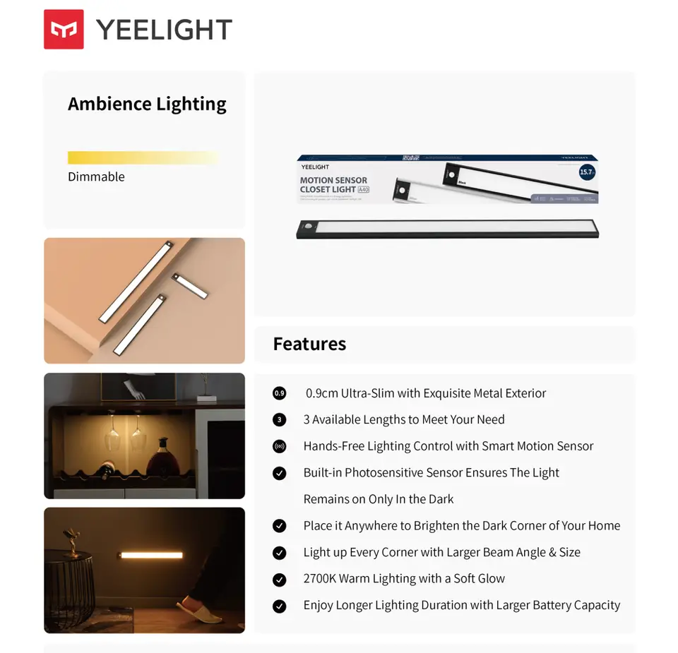 Yeelight Motion Sensor Closet Light Rechargeable Dimmable 2700K Ultra-Slim Magnetic Cabinet Wardrobe Lamp 20-60cm USB-C - 6