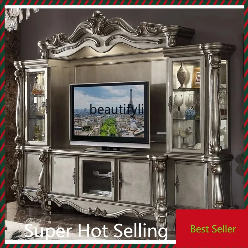 K132 European-Style Solid Wood Combined TV Cabinet Living Room Large Display Cabinet for Accessories Background Wall Curio Cabin