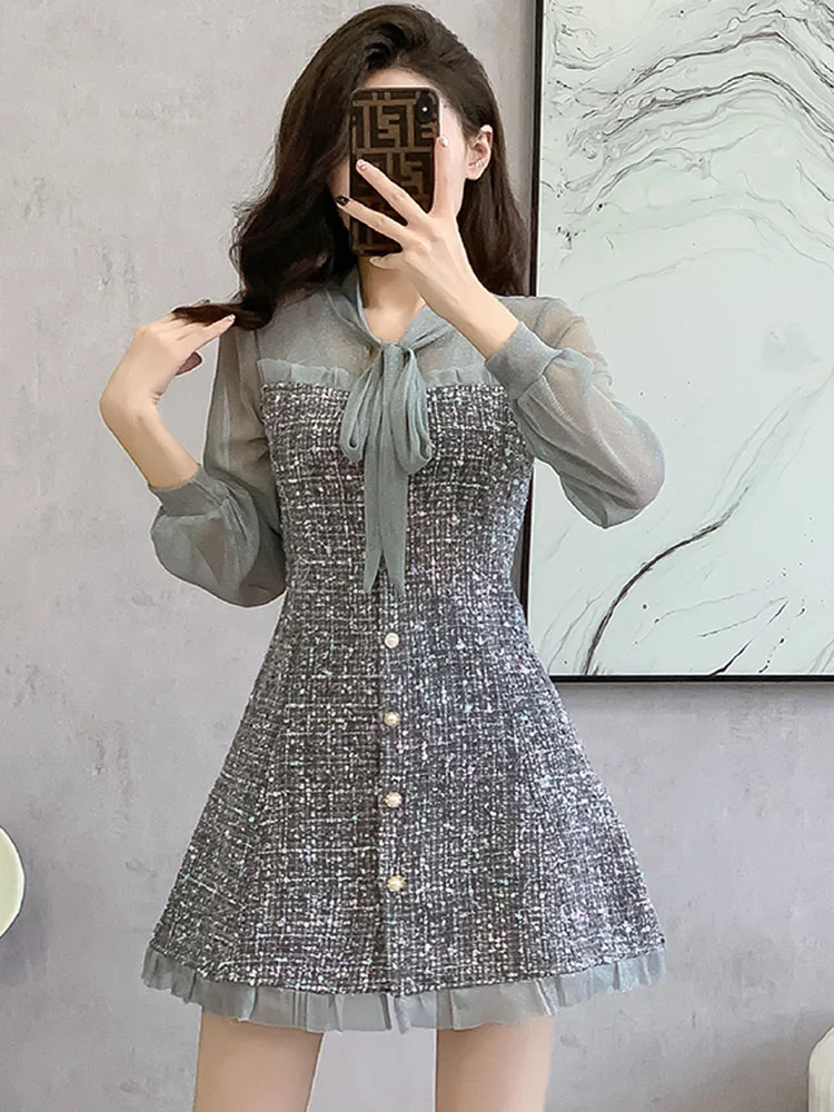 Korean Small Fragrant Tweed Dress Sweet Tie Long Sleeve Patchwork Single Breasted Casual Dresses Vintage Clothes For Woman image 3