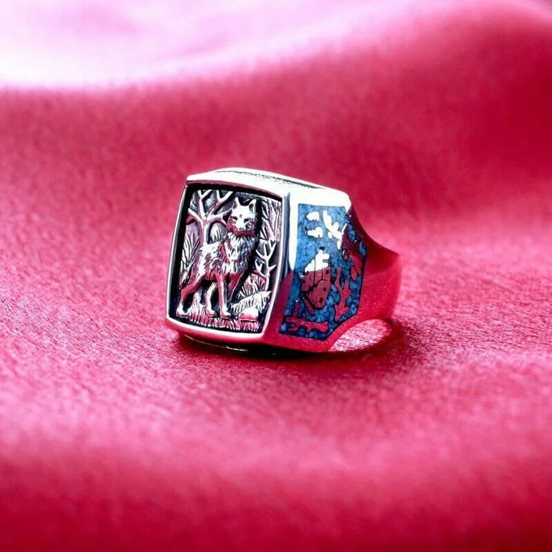 خاتم الذئب الفضي على الطراز الجنوبي الغربي للرجال مقاس 6-10