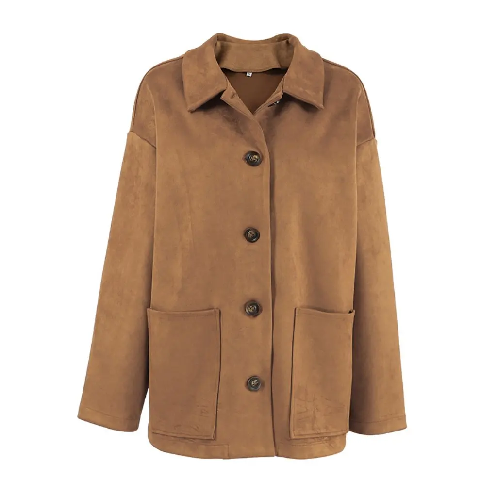 Women's Vintage Brown Suede Lapel Jacket Coat Loose Thickened Mid-Length Winter Fashion Outerwear