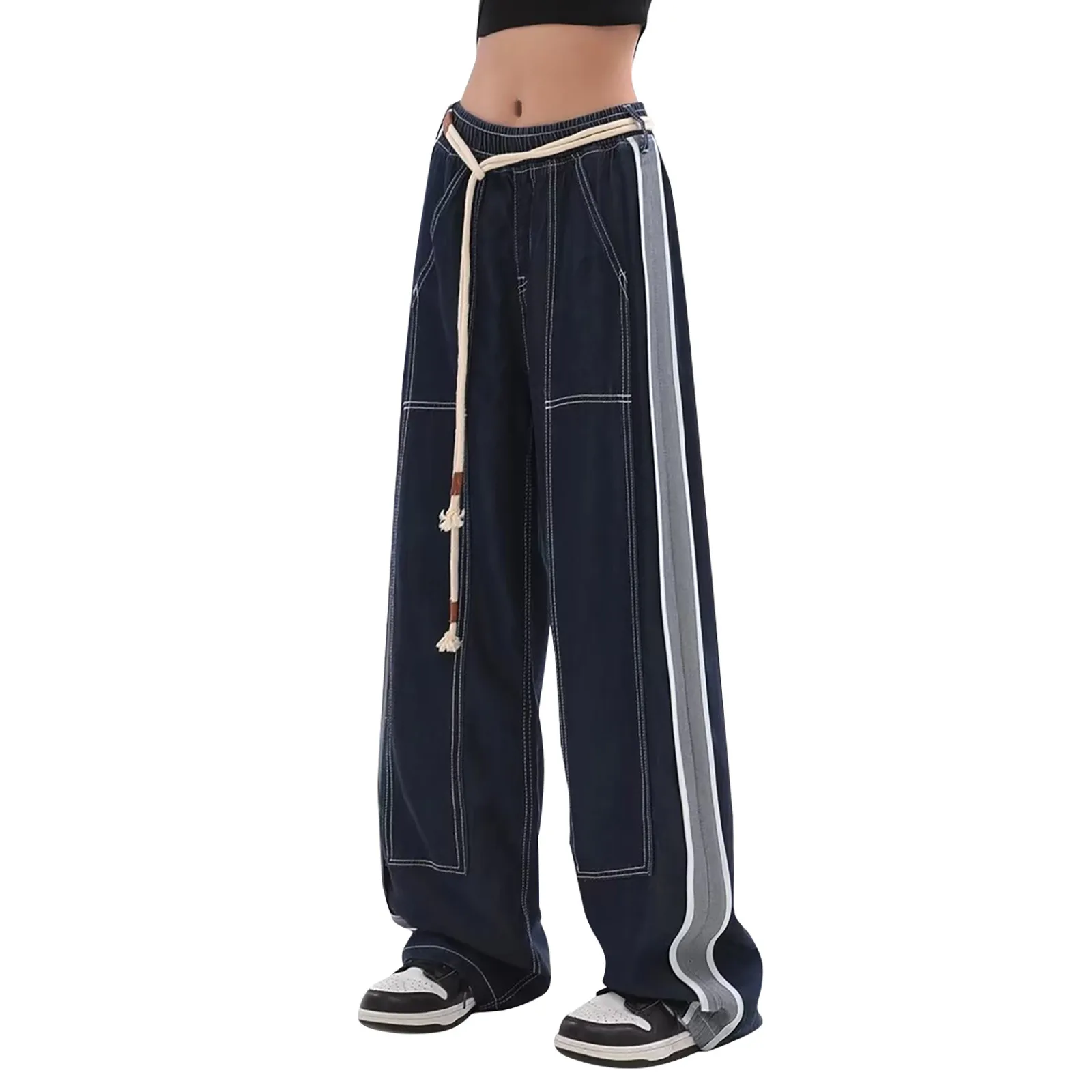 

Fashion Side Stripe Jeans Women 2024 Chic White Suture Design High Waist Loose Wide Leg Jeans Ins Trend Women Straight Trousers