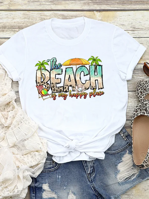 Coconut Palm Recliner Sun Umbrella Sea Shell Print Summer Women T-shirt Beach Casual Travel Fashionable Aesthetic Girl Tee