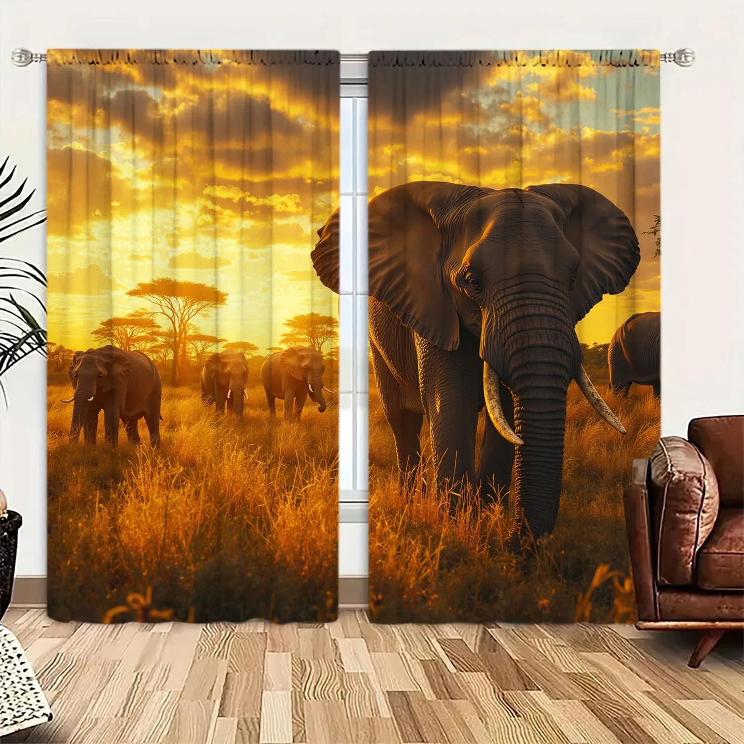 Safari Elephant Curtains Golden Hour Wildlife Drapes Panels for Living Room Bedroom Natural Jungle Safari Home Decor Curtain