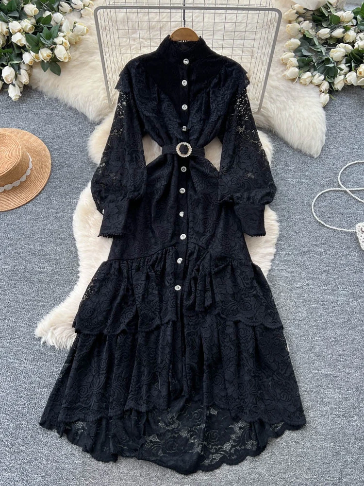 Vrouwen Jurk Europese Franse Hof Herfst Luxe Stand Kraag Single Breasted Bandjes Kant Maxi Lange Bandage Vestidos DS246
