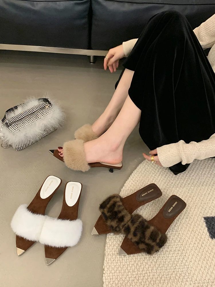 

SUOJIA меховые осенние новые женские летние пляжные модные шлепанцы без шнуровки с открытым носком, женские элегантные туфли-лодочки на тонком высоком каблуке, шлепанцы