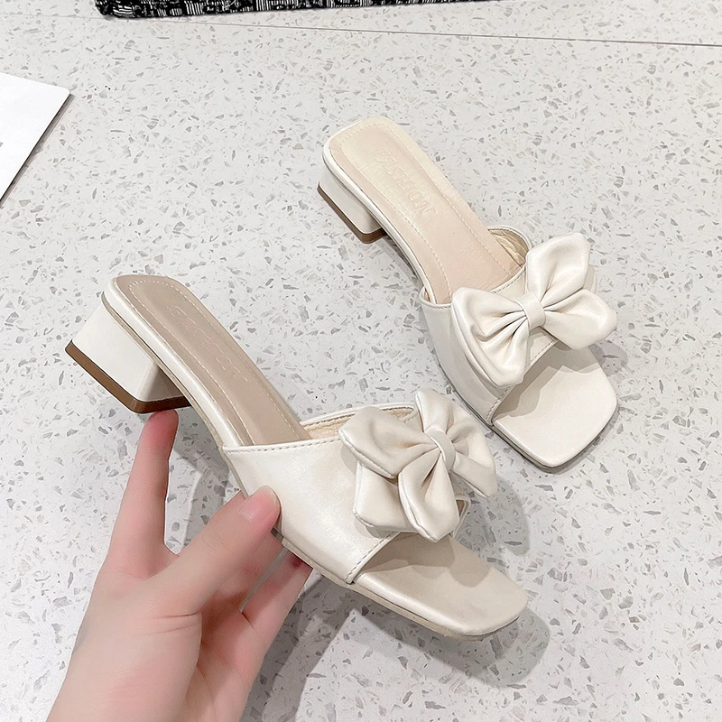 New Summer Slippers Low Heels Slides Female Peep Toe Square Heel bow Sandals Women Big Flip Flops  Flip Flops