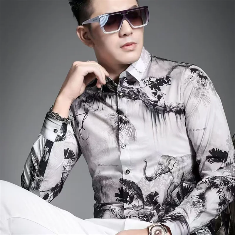 Y2K Men Fashion Printed Vintage Shirt New Spring Hawaiian Mens Long Sleeve Casual Luxury Beach Shirts Man Tops Chemises Hommes